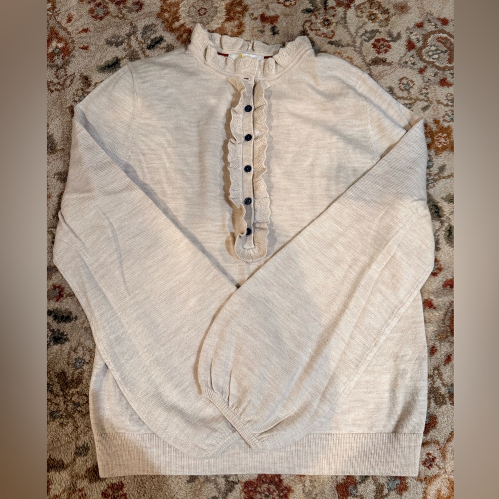 Boden Cream Ruffle-Trim Button front Merino wool sweater